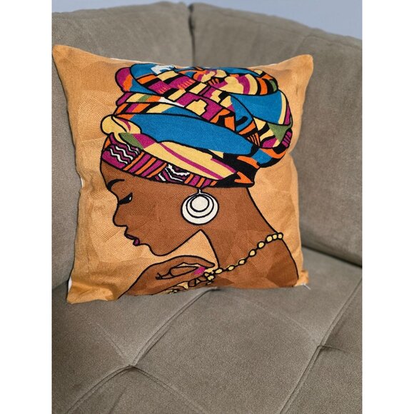 Handmade Embroidered Pillow Cover – African Woman in Colorful Headwrap, Boho Afr - Picture 6 of 7